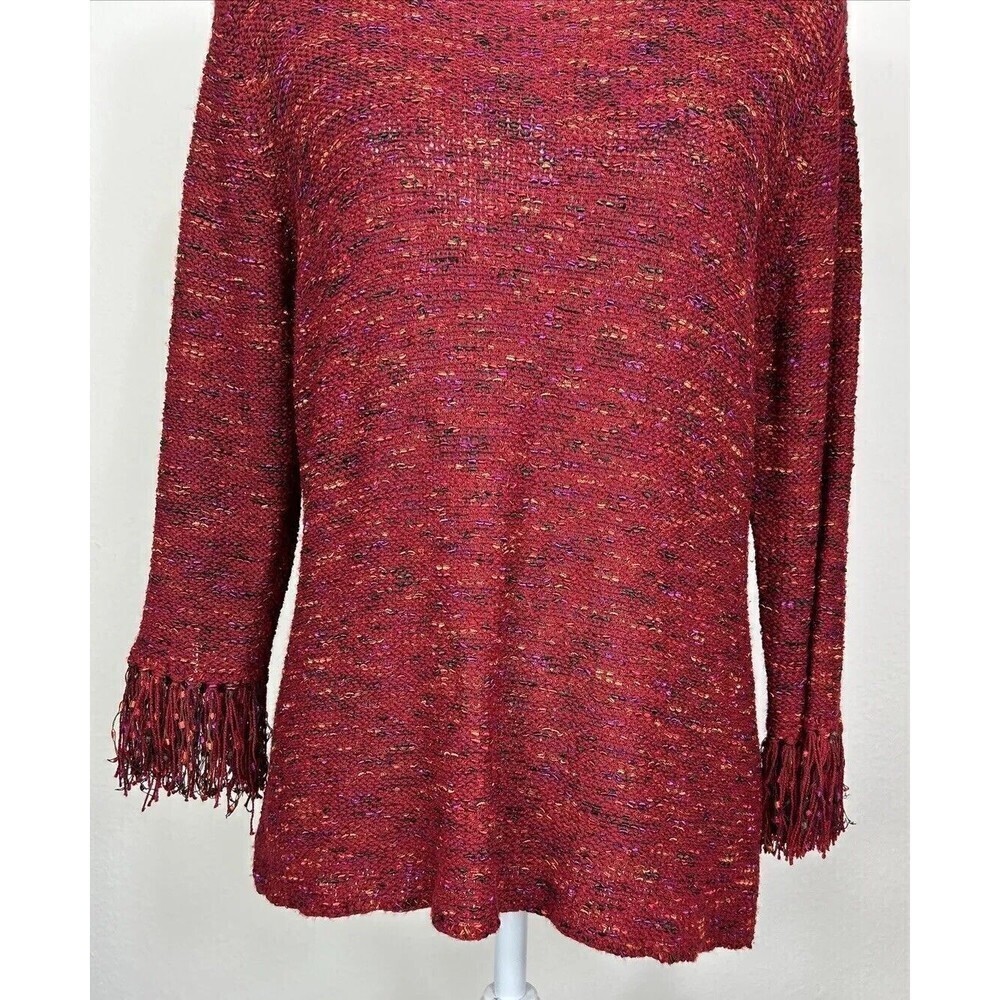 Coldwater Creek Dark Red Pullover Sweater Large (14/16) Fringe Cuffs Knit Casual - Picture 10 of 12